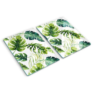 Tagliere in vetro temperato con motivo di foglie di monstera nei toni del verde
