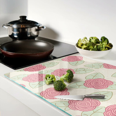 Tagliere in vetro temperato con motivo di rose sulle foglie