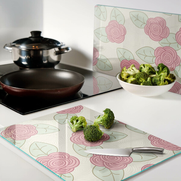 Tagliere in vetro temperato con motivo di rose sulle foglie