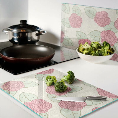 Tagliere in vetro temperato con motivo di rose sulle foglie