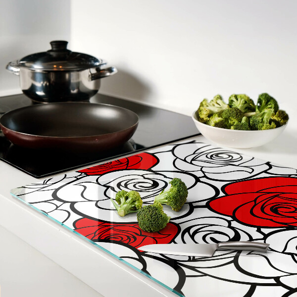 Tagliere in vetro temperato Rose in colore bianco e rosso
