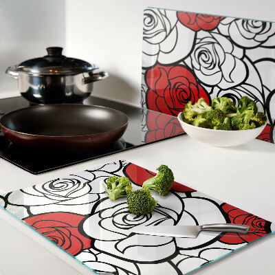 Tagliere in vetro temperato Rose in colore bianco e rosso