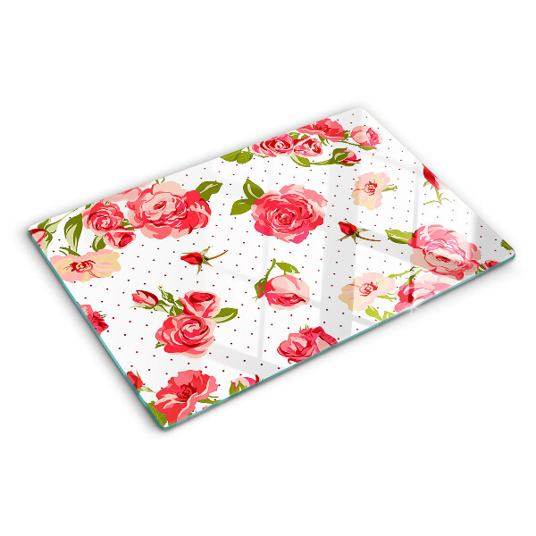 Tagliere in vetro con motivo di rose su sfondo bianco