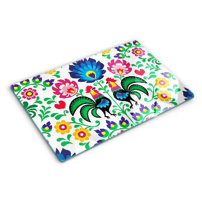 Tagliere in vetro temperato con motivo folk raffigurante galli