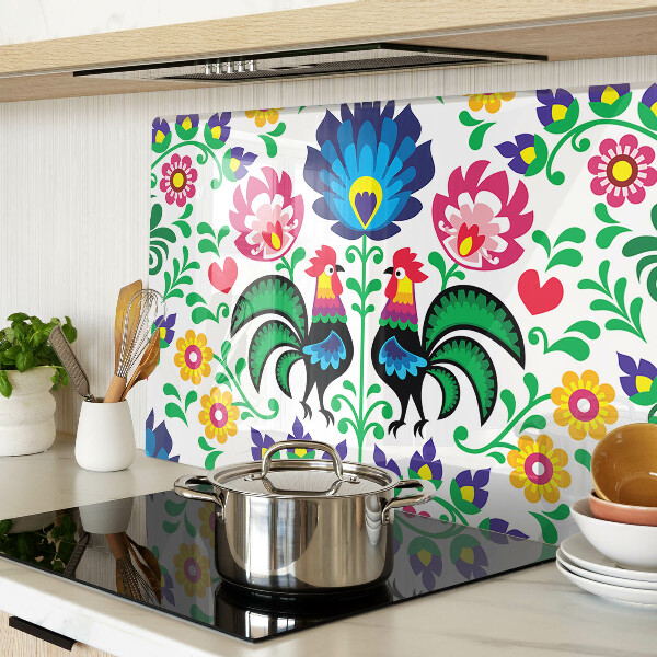 Tagliere in vetro temperato con motivo folk raffigurante galli