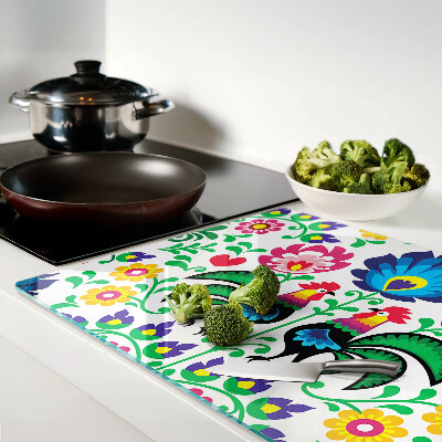 Tagliere in vetro temperato con motivo folk raffigurante galli