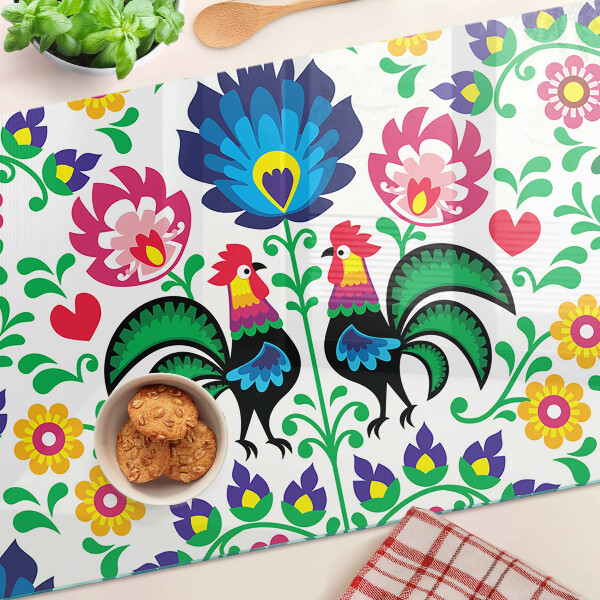 Tagliere in vetro temperato con motivo folk raffigurante galli