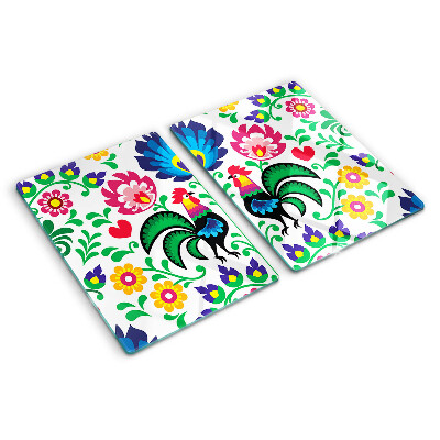 Tagliere in vetro temperato con motivo folk raffigurante galli