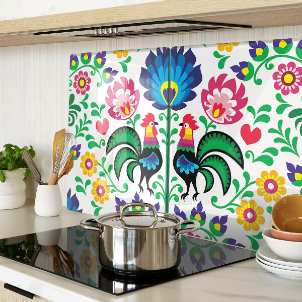 Tagliere in vetro temperato con motivo folk raffigurante galli