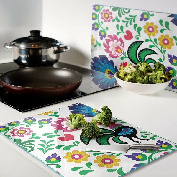 Tagliere in vetro temperato con motivo folk raffigurante galli