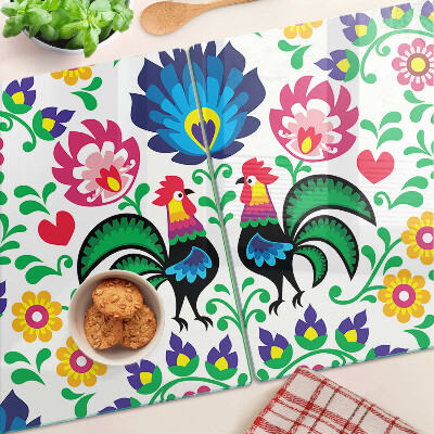 Tagliere in vetro temperato con motivo folk raffigurante galli