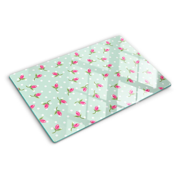 Tagliere in vetro temperato con decorazione di tulipani rosa su sfondo verde