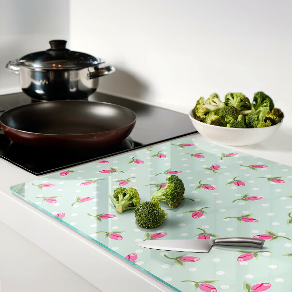 Tagliere in vetro temperato con decorazione di tulipani rosa su sfondo verde