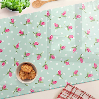 Tagliere in vetro temperato con decorazione di tulipani rosa su sfondo verde