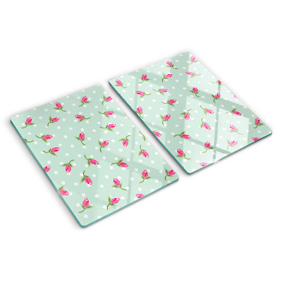 Tagliere in vetro temperato con decorazione di tulipani rosa su sfondo verde