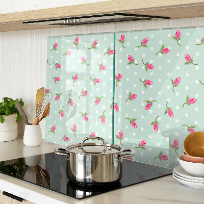 Tagliere in vetro temperato con decorazione di tulipani rosa su sfondo verde