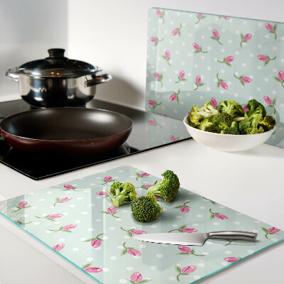 Tagliere in vetro temperato con decorazione di tulipani rosa su sfondo verde