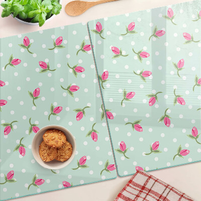 Tagliere in vetro temperato con decorazione di tulipani rosa su sfondo verde