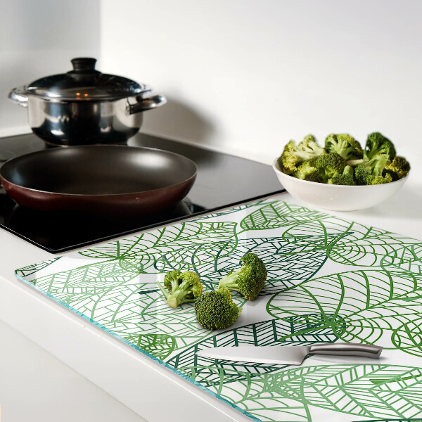 Tagliere in vetro temperato con motivo a foglie in varie tonalità di verde