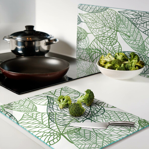 Tagliere in vetro temperato con motivo a foglie in varie tonalità di verde