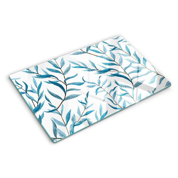 Tagliere in vetro temperato con motivo di foglie nei toni del blu