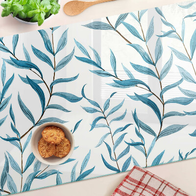 Tagliere in vetro temperato con motivo di foglie nei toni del blu