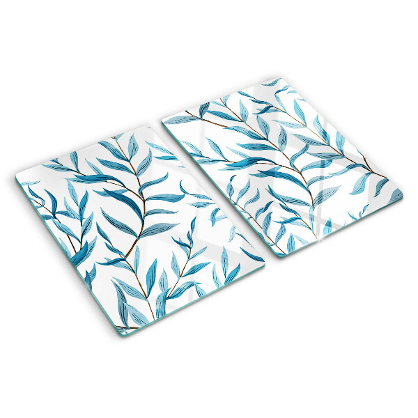 Tagliere in vetro temperato con motivo di foglie nei toni del blu