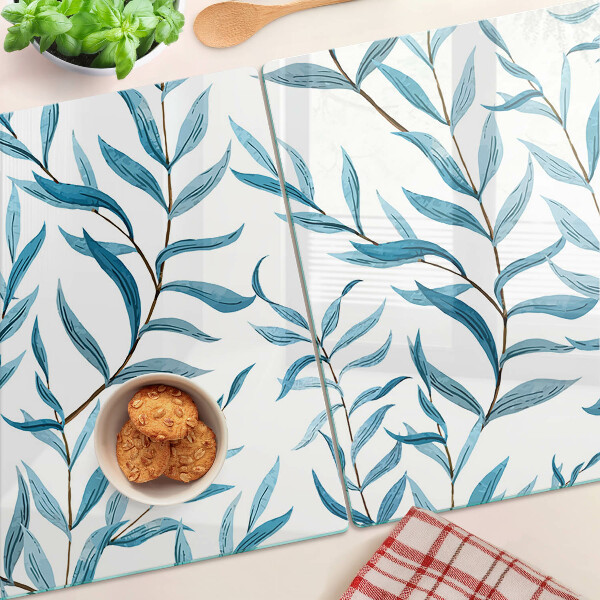 Tagliere in vetro temperato con motivo di foglie nei toni del blu