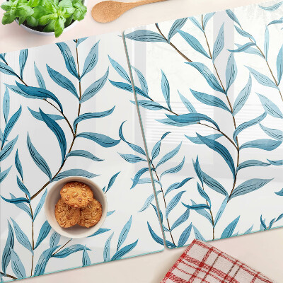 Tagliere in vetro temperato con motivo di foglie nei toni del blu