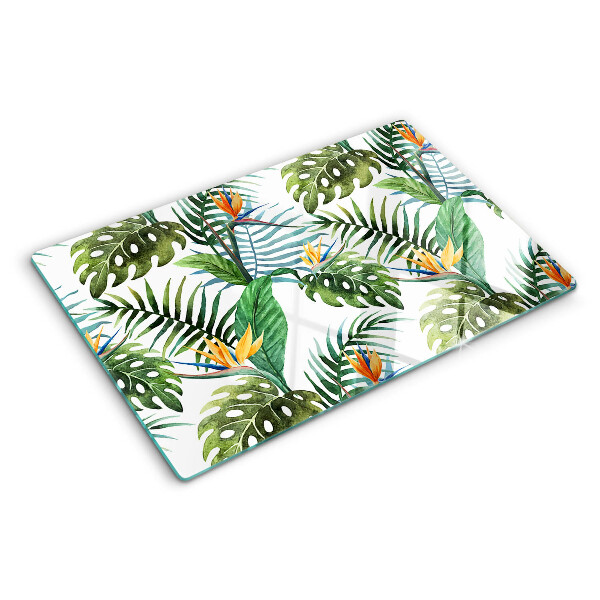 Tagliere in vetro con motivo di foglie tropicali e fiori