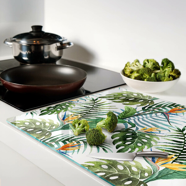 Tagliere in vetro con motivo di foglie tropicali e fiori