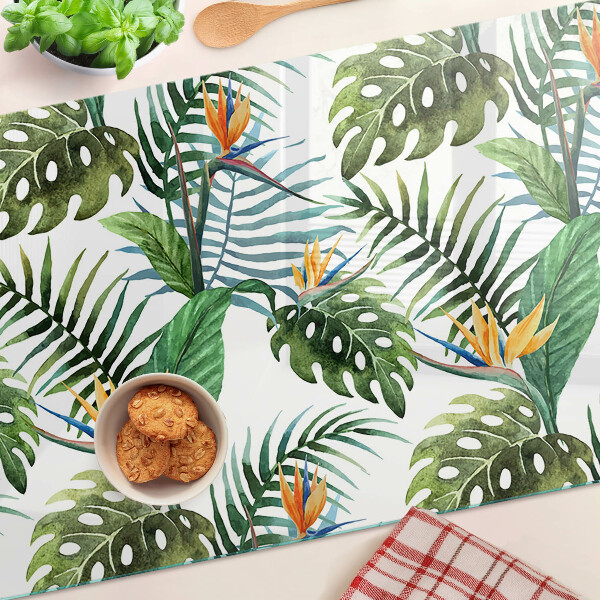 Tagliere in vetro con motivo di foglie tropicali e fiori