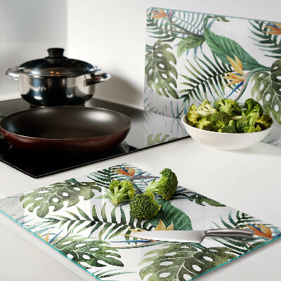 Tagliere in vetro con motivo di foglie tropicali e fiori