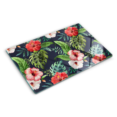 Tagliere in vetro temperato con stampa di fiori tropicali e foglie