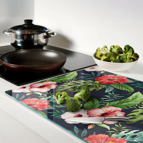 Tagliere in vetro temperato con stampa di fiori tropicali e foglie