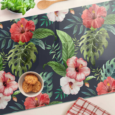 Tagliere in vetro temperato con stampa di fiori tropicali e foglie