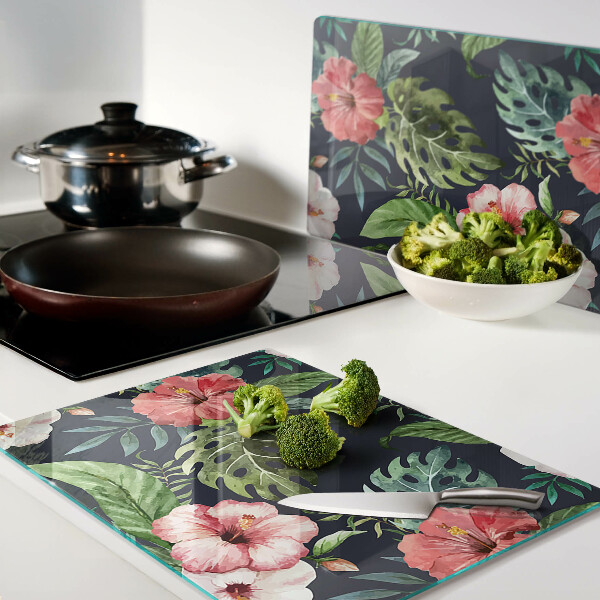 Tagliere in vetro temperato con stampa di fiori tropicali e foglie