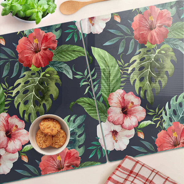 Tagliere in vetro temperato con stampa di fiori tropicali e foglie
