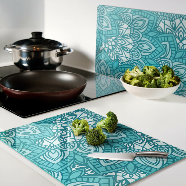 Tagliere in vetro temperato con motivo mandala nei toni del blu