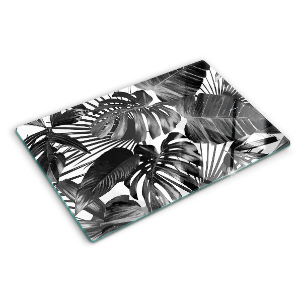 Tagliere in vetro con motivo di foglie tropicali in bianco e nero