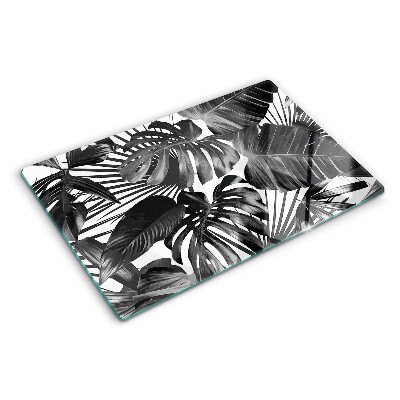 Tagliere in vetro con motivo di foglie tropicali in bianco e nero