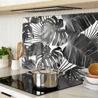 Tagliere in vetro con motivo di foglie tropicali in bianco e nero