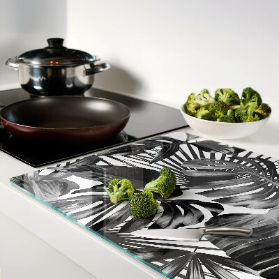 Tagliere in vetro con motivo di foglie tropicali in bianco e nero
