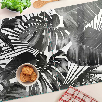 Tagliere in vetro con motivo di foglie tropicali in bianco e nero