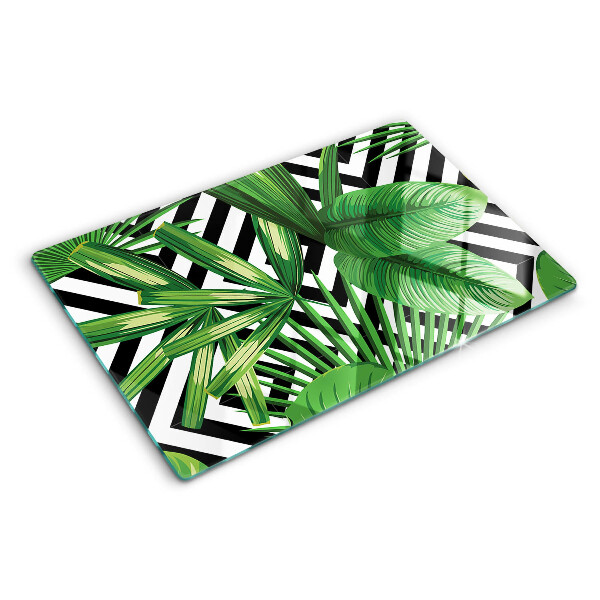Tagliere in vetro temperato Foglie tropicali sulle strisce
