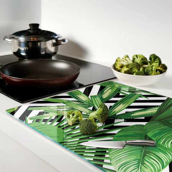 Tagliere in vetro temperato Foglie tropicali sulle strisce
