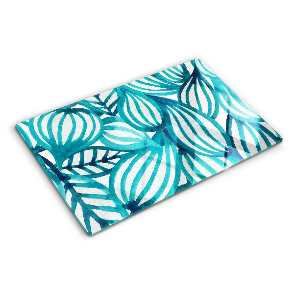 Tagliere in vetro con motivo di foglie nei toni del turchese