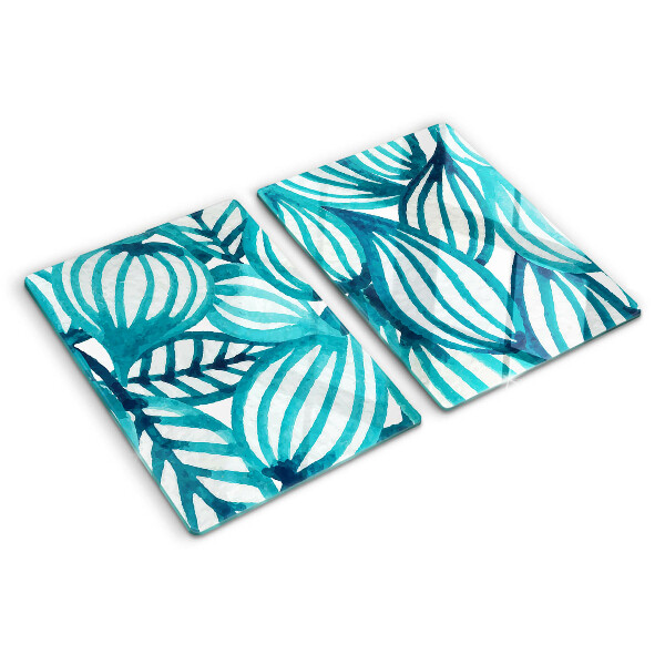 Tagliere in vetro con motivo di foglie nei toni del turchese