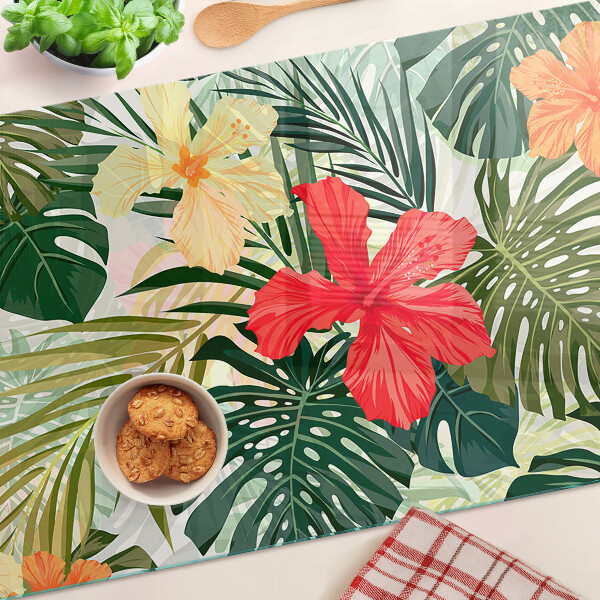 Tagliere in vetro temperato con motivo di fiori e foglie tropicali