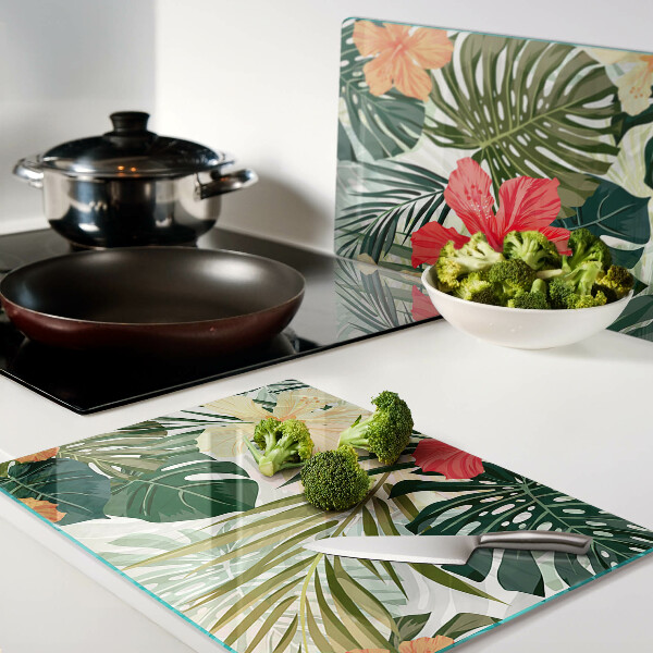 Tagliere in vetro temperato con motivo di fiori e foglie tropicali
